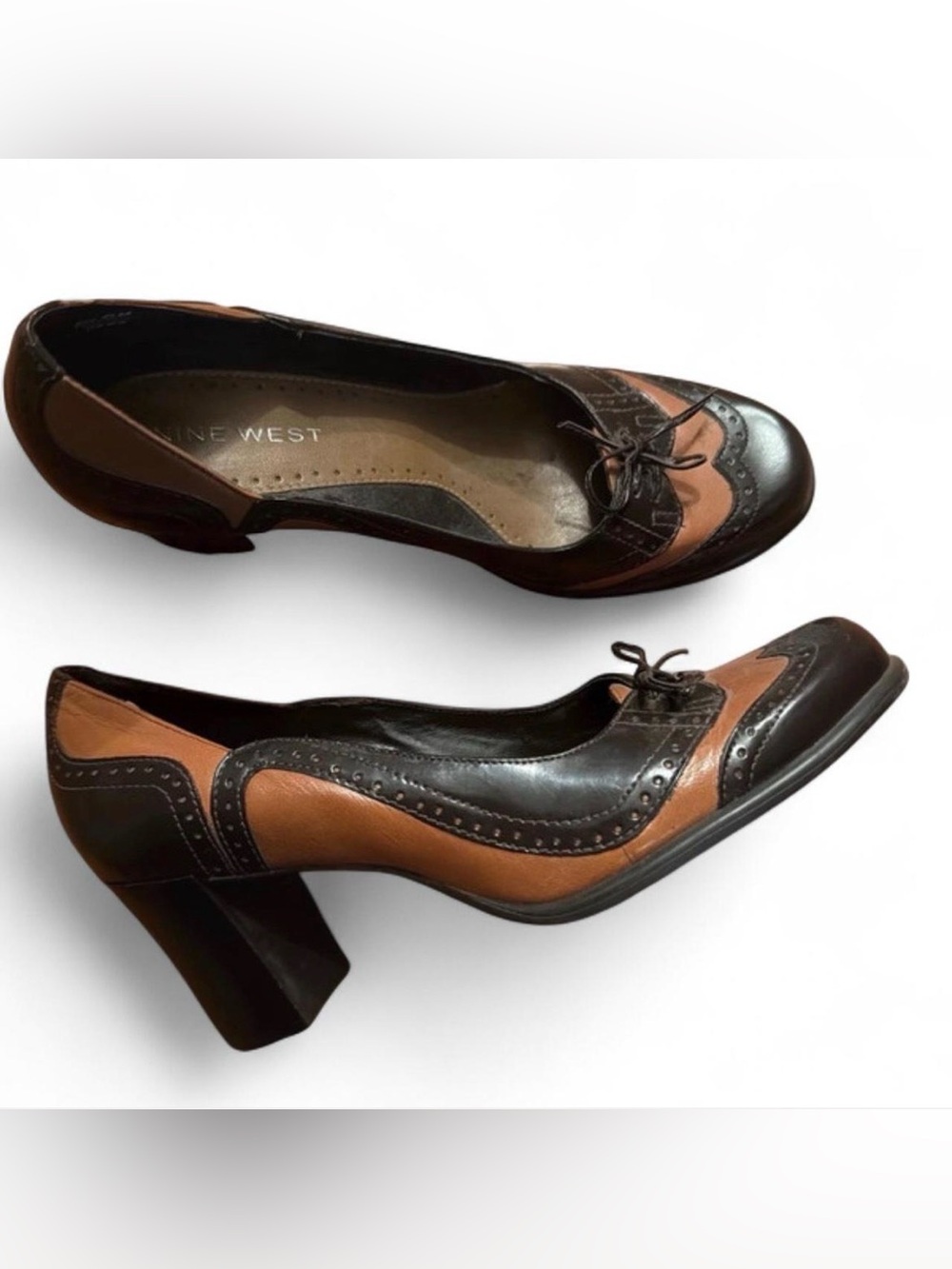 Nine West Two-Tone Brown and Black Wingtip Block Heels